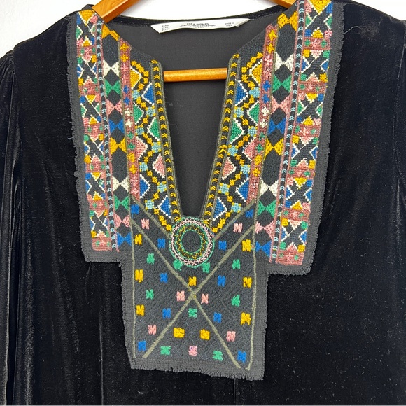 Zara Black Velveteen Mulberry Long Sleeve V-neck Boho Embroidered Mini Dress - Picture 5 of 8